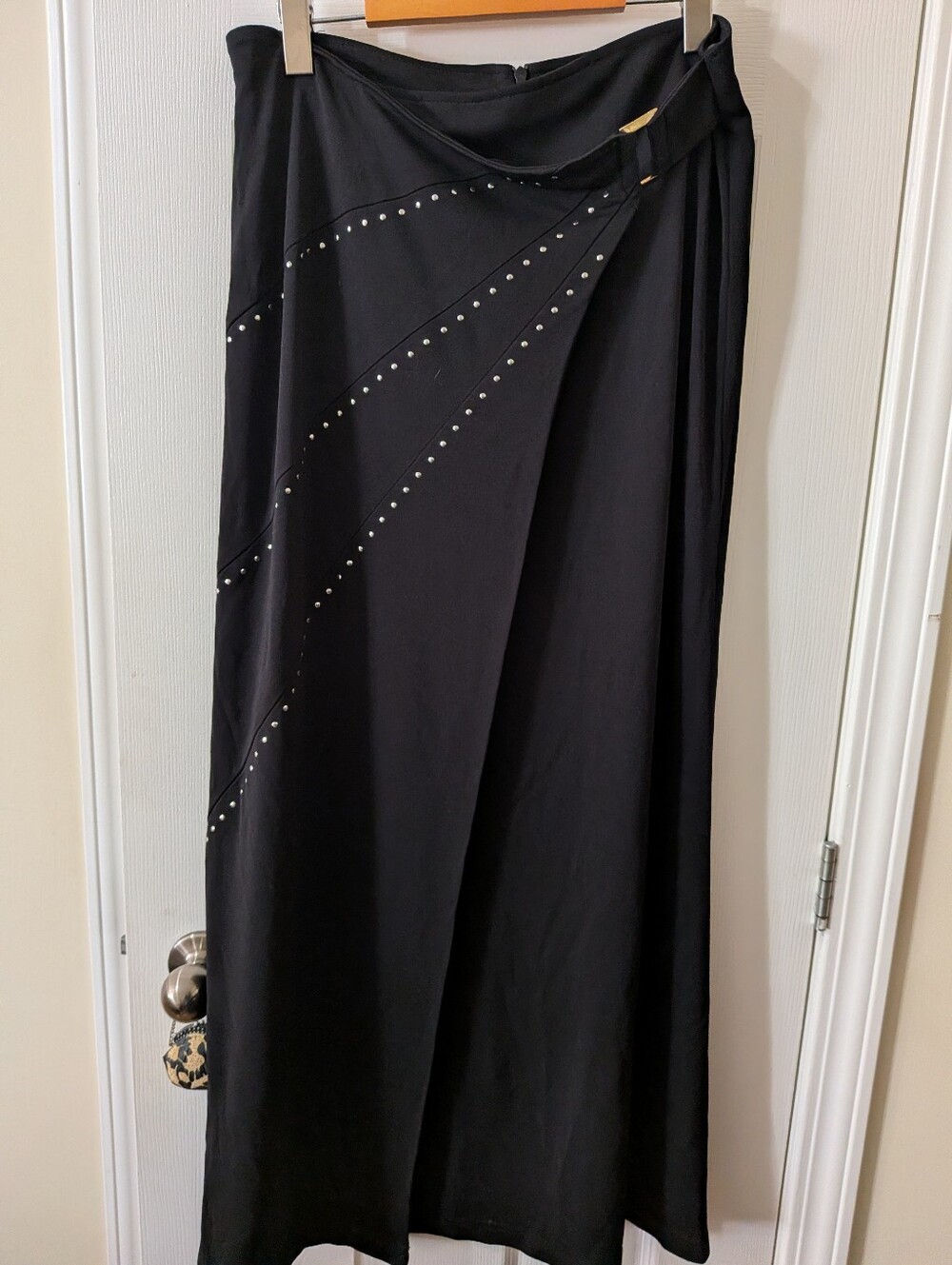 Black Midi Wrap Skirt with Stud Accent Joseph Ribkoff
